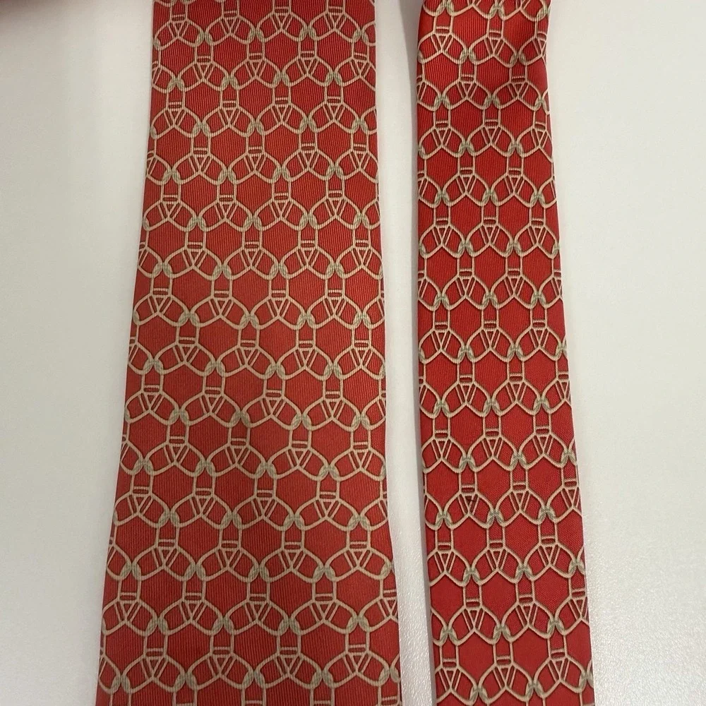 Hermes Men's Tie Geometric Chain Links Red & Khaki Silk 7075 OA 3